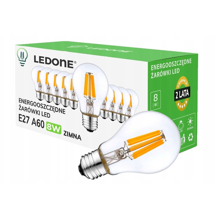 Set 10 becuri LED filament E27 A60 8W alb rece transparent 60x105mm