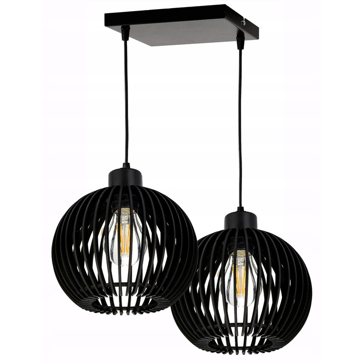 Lustra LED-ONE, model retro din lemn, 2x E27, negru, 20x20cm, inaltime reglabila pana la 120cm