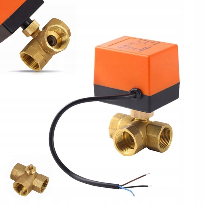 Zárószelep 3-utas motoros DN25, 220V, sárgaréz, áramlásszabályozáshoz, 5x5x10cm