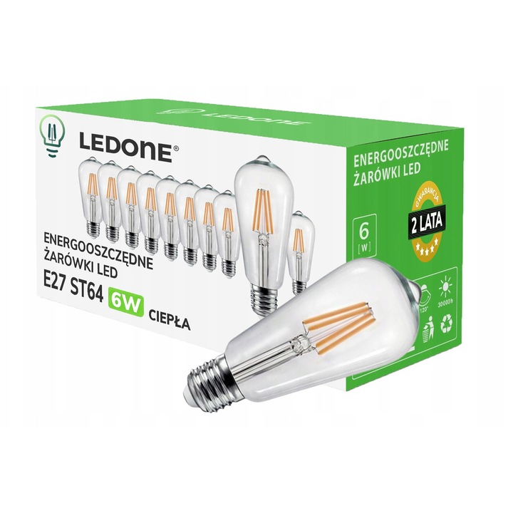 Set 10 becuri LED E27 ST64 6W, lumina calda, transparent, 64x147mm