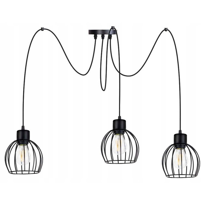 Lustru suspendat PAJAK, 3xE27, negru, dimensiuni 10x150cm, set cu 3 abajururi metalice