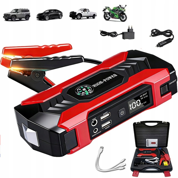 Стартова батерия 28000 mAh, червено-черна, с кабели и фенерче, размери 17x8,8x3,8см, пълен комплект