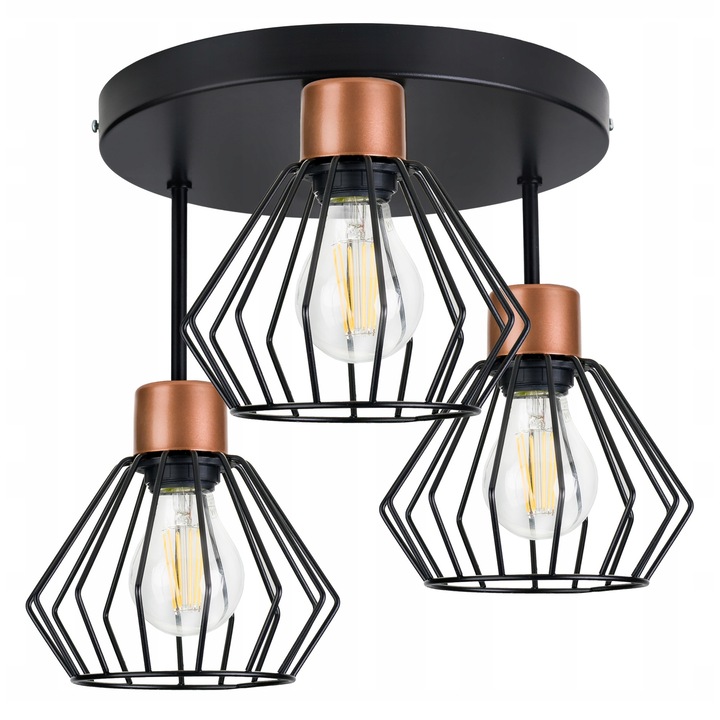 Lustra LED-ONE DRUTI, neagra si mosiad, 3 surse de lumina E27, dimensiuni 30x30cm, inaltimi 18x13x4,5cm