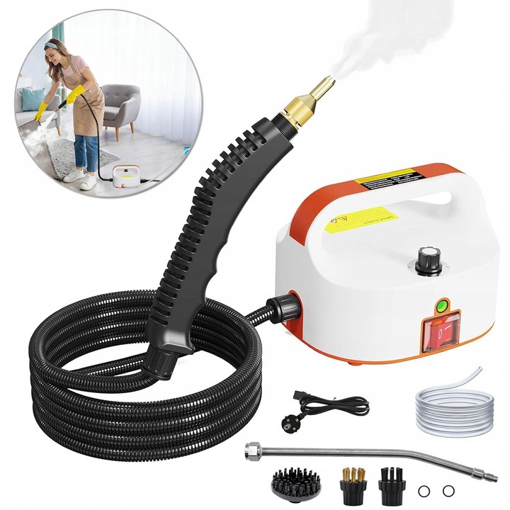 Aspirator cu abur portabil, 2500W, 4,5 bar, alb-portocaliu, set complet de curatare