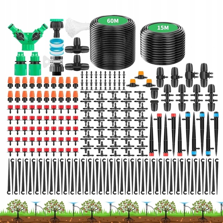 Set de irigare pentru gradina, 315 elemente, sistem de picurare, 60m + 15m, plastic, multicolor