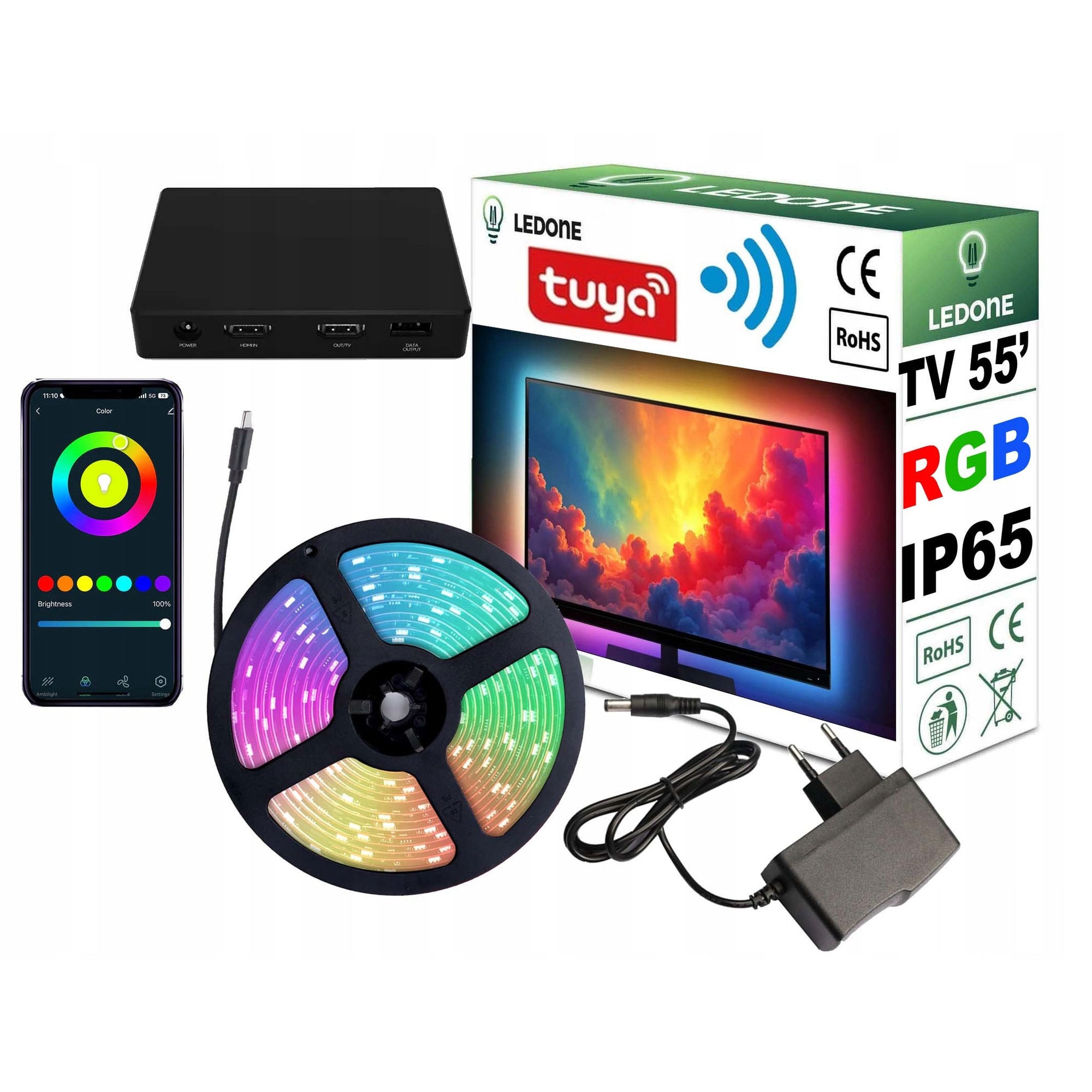 Iluminare inteligenta pentru TV 55', LED-ONE, RGBIC, 4,6m, HDMI 2.0, Wi-Fi, set complet