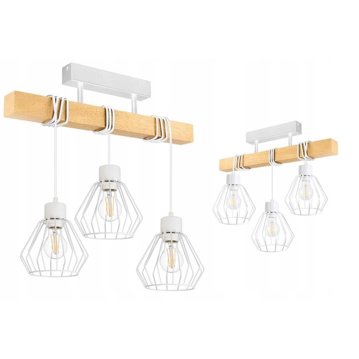 LED-ONE висящ полилей, дървена греда, 3 метални абажура, бял, 50x5x5см, комплект