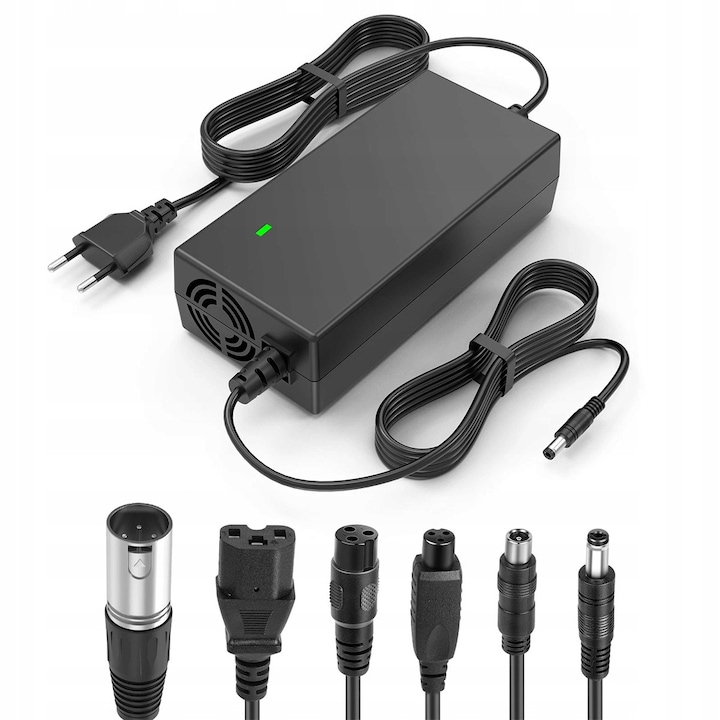Incarcator universal 6 in 1 pentru biciclete electrice si trotinete, 54,6V 2A, negru, dimensiuni 16,4x7,7x4,6cm, set cu 6 adaptoare