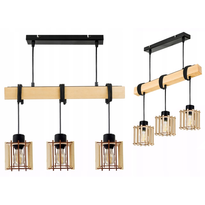 Lustru suspendat LED-ONE, 3x E27, lemn, negru mat, set cu 3 abajururi, 25x5x5cm