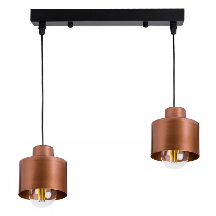 Lustra suspendata LED, model loft, cu 2 becuri E27, cu abajur din metal, culoare cupru, dimensiuni 40x5cm, inaltime ajustabila pana la 100cm