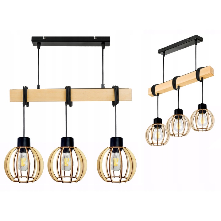 Дървена висяща лампа с 3 абажура, LED-ONE, матово черна, 25x5x5см