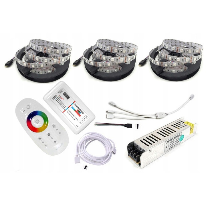 Комплект RGB LED ленти 15м, 300 диода SMD 5050, RF тъч контролер, бял