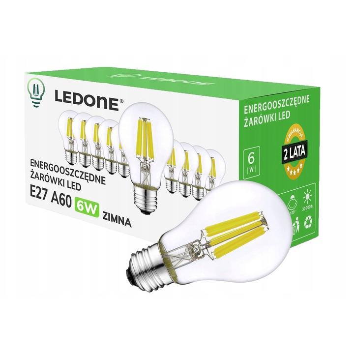 Set 10 Becuri LED E27 A60 6W Zimna Filament Transparent 60x105mm