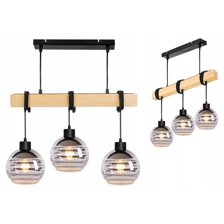 Lustru LED-ONE, belca din lemn, set 3 abajururi sticla, negru mat, 25x5x5cm
