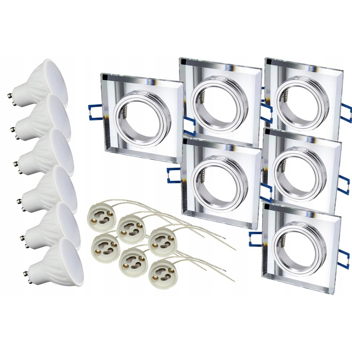 Set 6x Spoturi halogenowe cu oprawa din sticla, LED GU10 9W, 810 lumeni, argintiu, 90x90x25mm