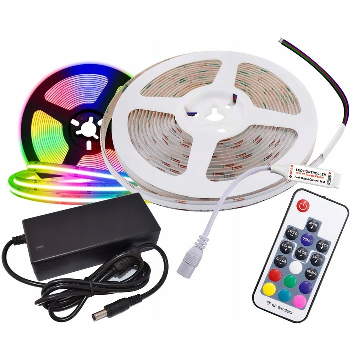 Комплект RGB COB LED ленти 12V 15W/m, 5м, RF17 контролер, многоцветен