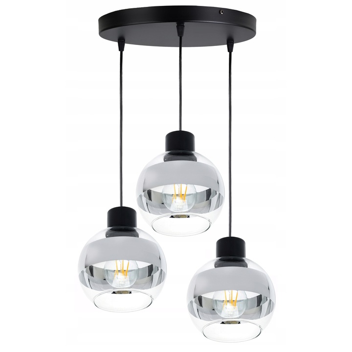 Lustru suspendat LED-ONE, model KULA, 3 surse E27, sticla transparenta, crom, 30x2cm, inaltime maxima 100cm