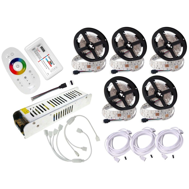 Set benzi LED 25m RGB, LED-ONE, 150 diode SMD 5050, controler RF cu telecomanda, alb