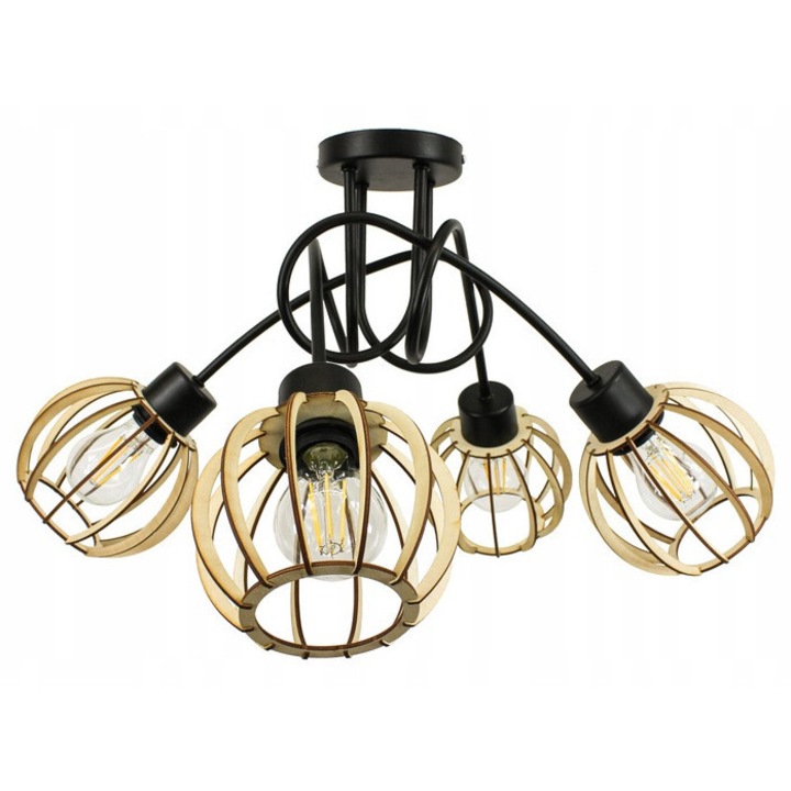 Lampa suspendata loft cu 4 abajururi din lemn, LED-ONE, neagra, 30x45cm