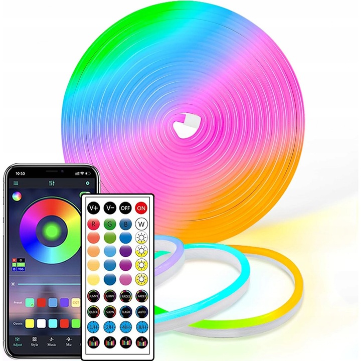 Banda LED Neon 20M RGB, aplicatie, set complet, 72 LED-uri pe metru, IP65