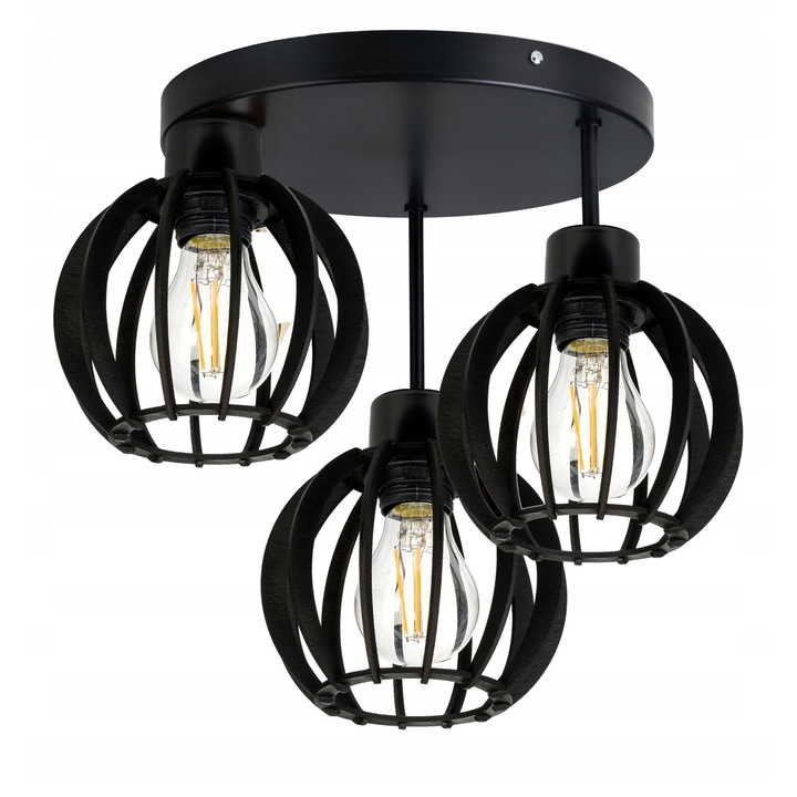 Lustru LED-ONE, model loft, negru, 3x E27, inaltime 100cm, baza 30x2.5cm, abajur din lemn