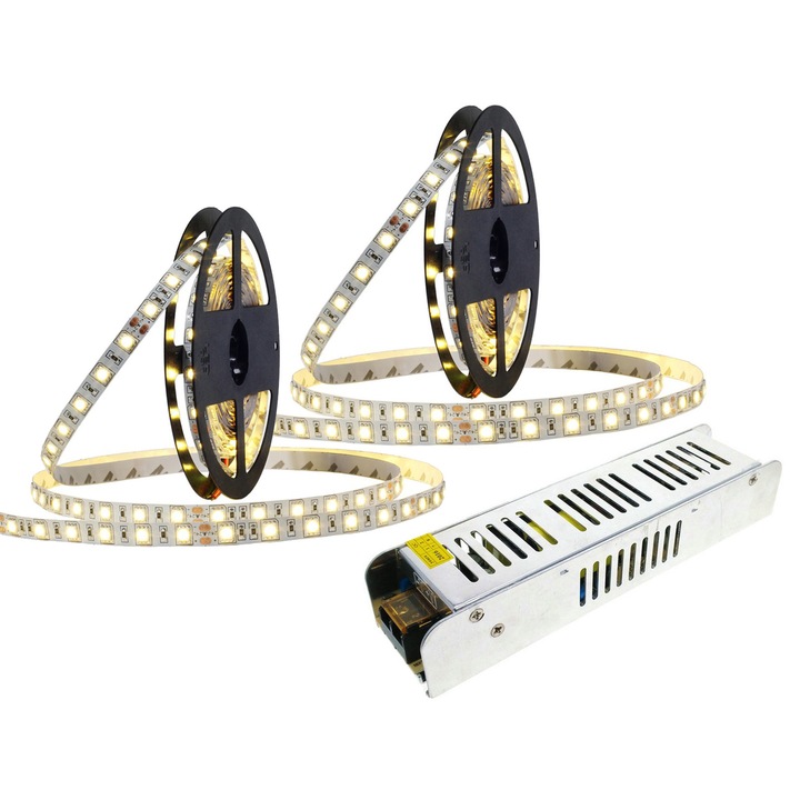 Комплект LED ленти 5050, 10м, топло бяло/студено бяло, 300 диода, 150W, IP20