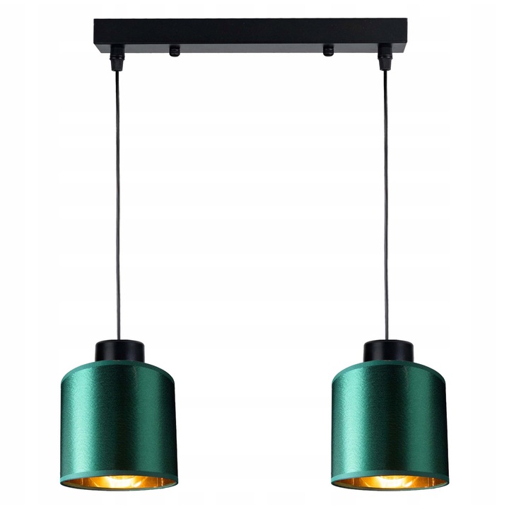 Lampa suspendata LED-ONE, abajur cilindric verde cu interior auriu, 2 surse de lumina E27, 85cm inaltime, 40x5cm baza