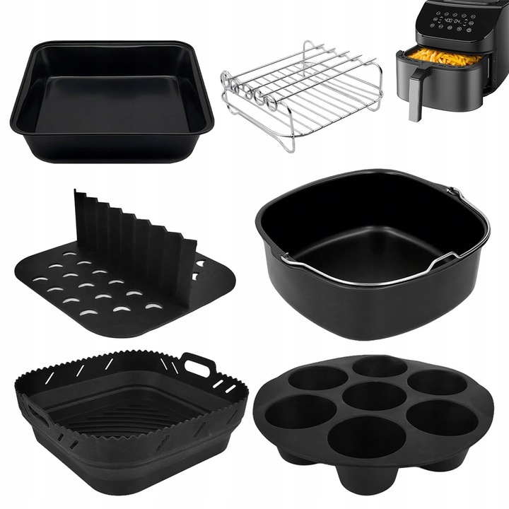 Set 11 accesorii pentru friteuza cu aer cald, forme din silicon, suport pentru frigarui, multicolor