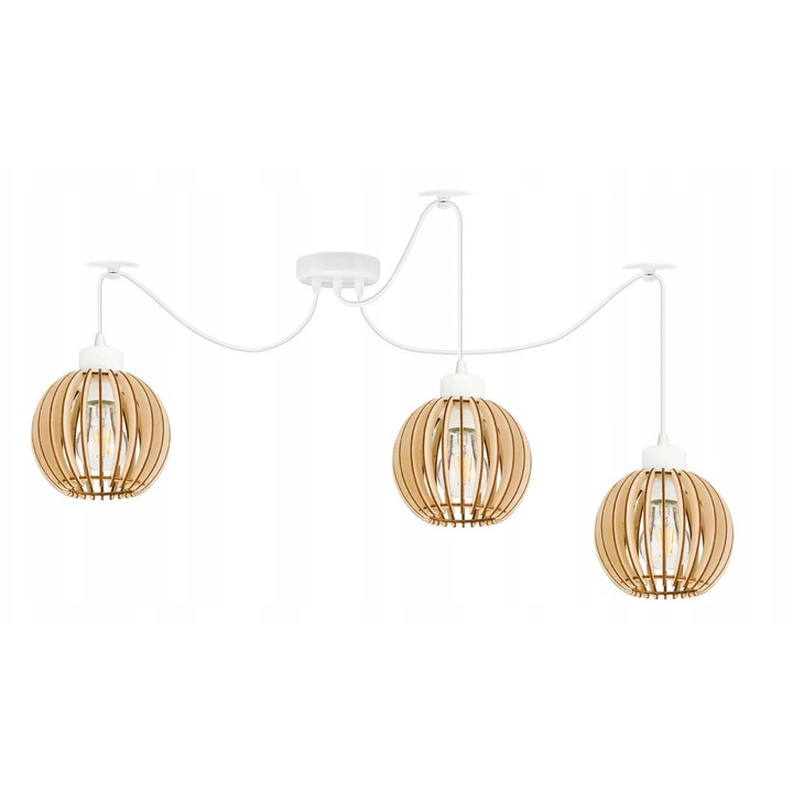 Lustru suspendat PAJAK, 3xE27, alb, inaltime maxima 150cm, 3 abajururi din lemn