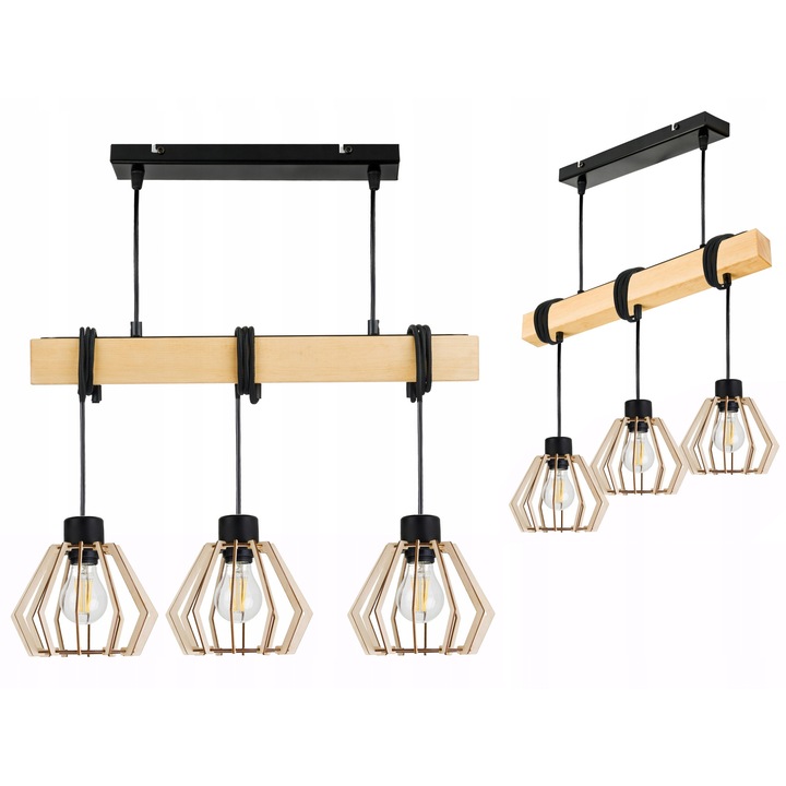 Lustra suspendata LED-ONE, model loft, 3x E27, lemn, negru mat, set cu 3 abajururi