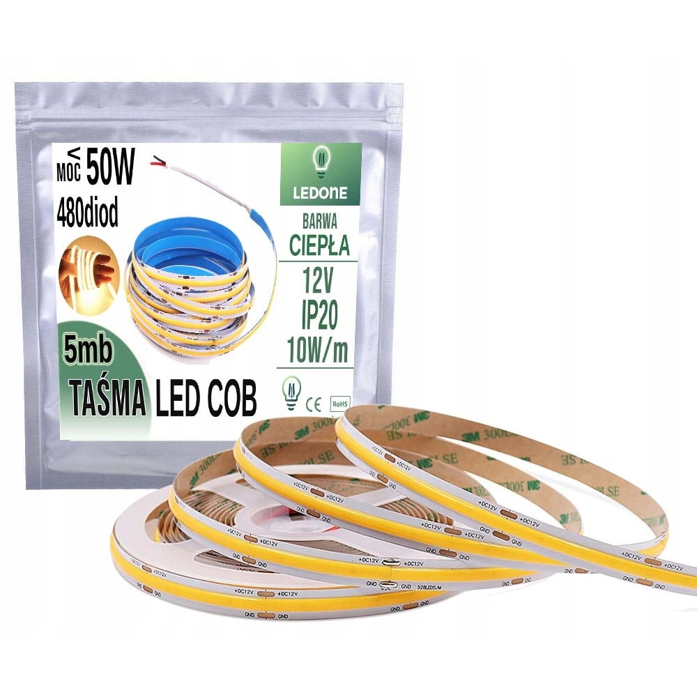Benza LED COB 12V, LED-ONE, 5m, alb cald, 352 diode/m, IP20 - eMAG.ro