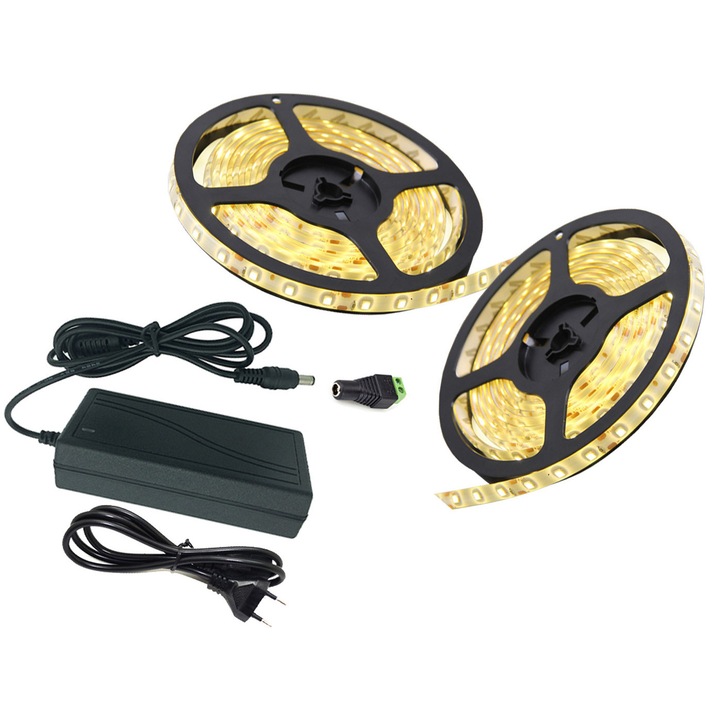 Комплект LED 3528 SMD 300, топло/студено бяло, 10м, IP65, със захранване 12V DC