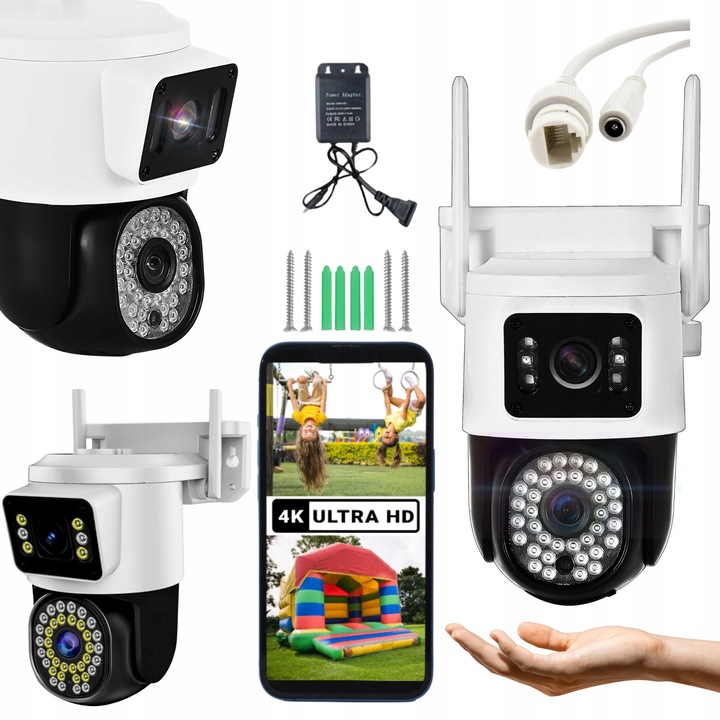 Камера IP WiFi 2 в 1 с два обектива, 8MP, устойчива на атмосферни влияния, бяла, пълен комплект
