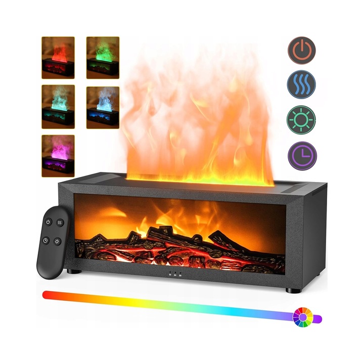 Fekete illóolaj diffúzor lánghatással, ultrahangos párásító, éjszakai lámpa, távirányítóval és időzítővel.