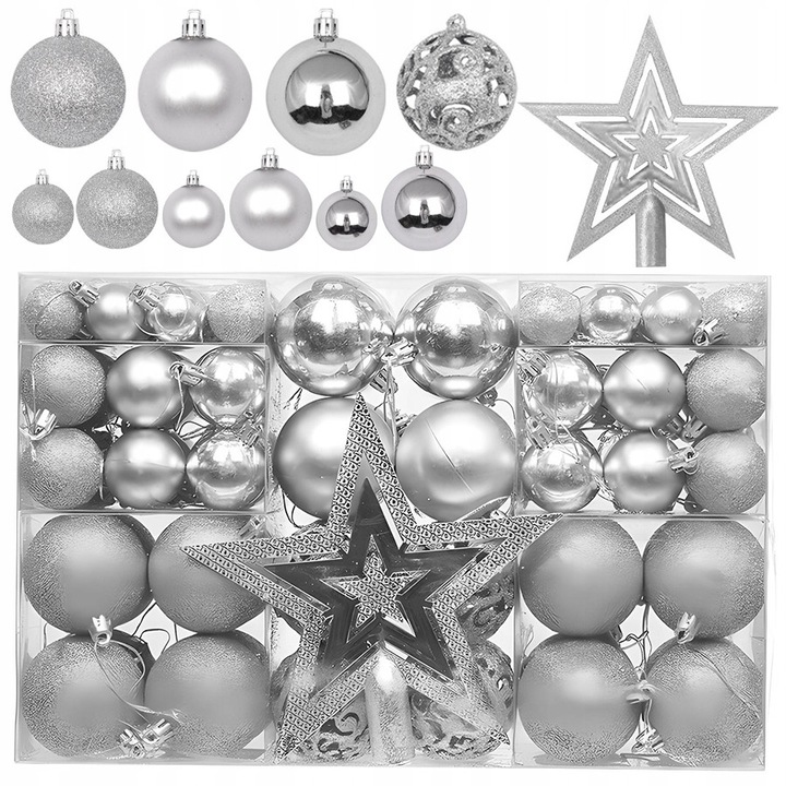 Set globuri de Craciun 101 bucati, ARSA GO, colorate, din material ABS, cu stea Betleemului, argintii