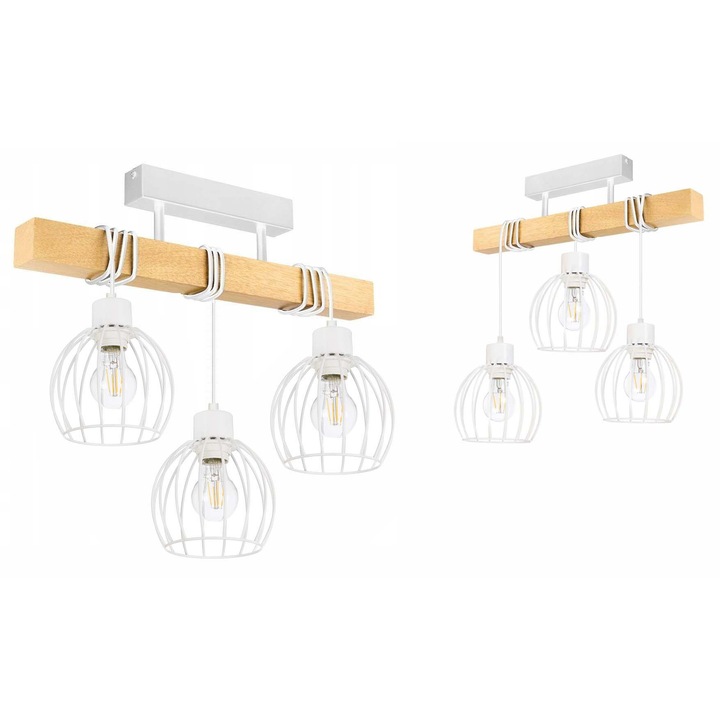 Lustru suspendat, LED-ONE, belca din lemn, 3 abajururi metalice, alb, 50x5x5cm, set