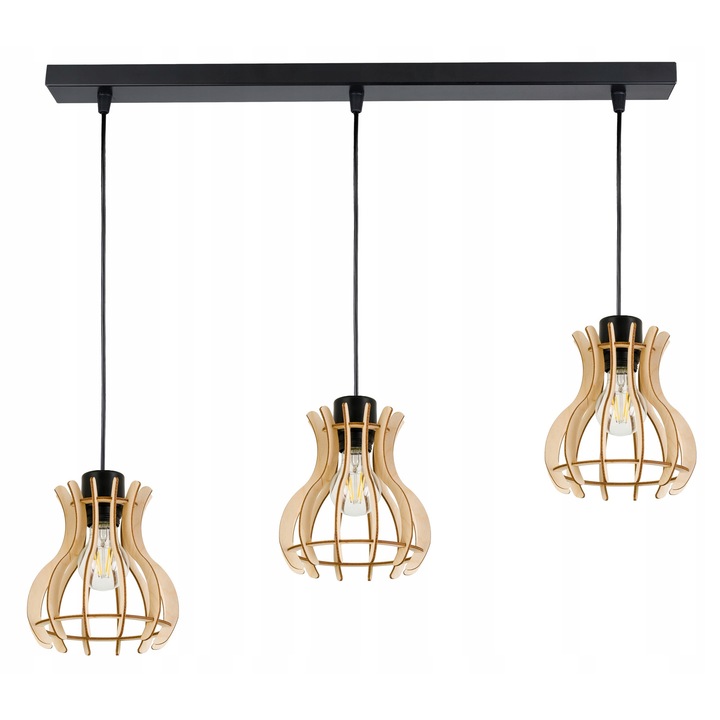 Lampa suspendata ZWIS Loft, 3x E27, lemn, 60x5x2,5cm, inaltime maxima 95cm