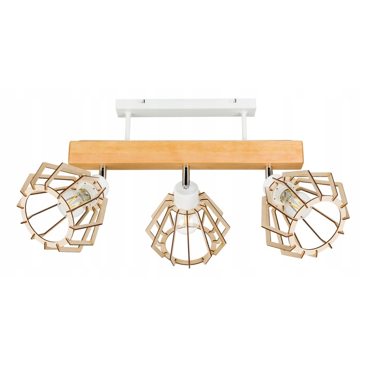 Lustru cu 3 abajururi E27, LED-ONE, lemn alb, dimensiuni 25x5x5cm, set complet