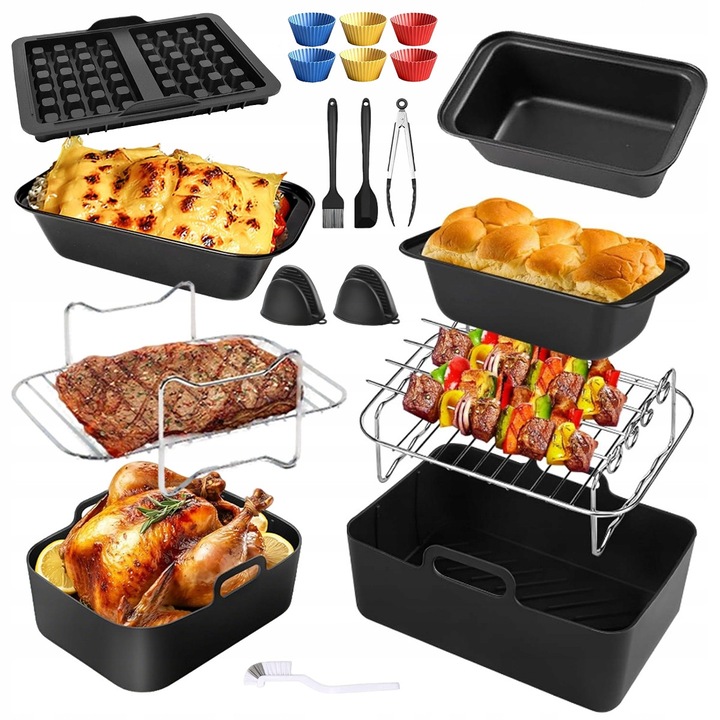 Set 23 accesorii pentru friteuza cu aer, compatibil cu Ninja Foodi Max, 2 tigai din silicon, 50 foi de copt, multicolor