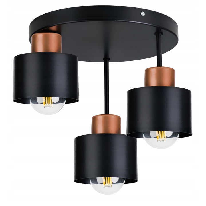 Plafoniera LED-ONE DRUTI, metal, negru si mosiad, 3 surse de iluminat, O30cm, inaltime 18cm