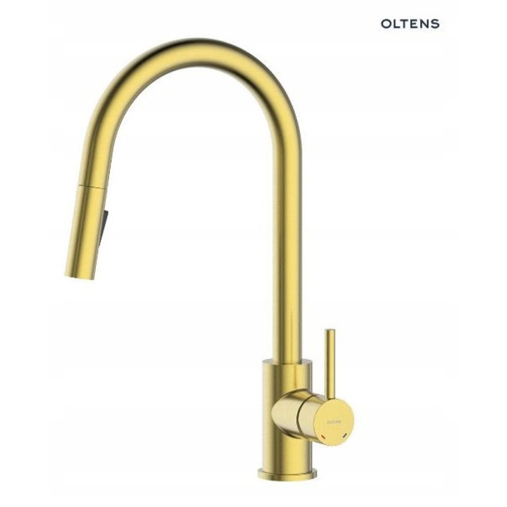 Кухненски смесител Oltens Litla, едноръкохватков, полирано злато, с изтеглящ се душ, 57x27x7см