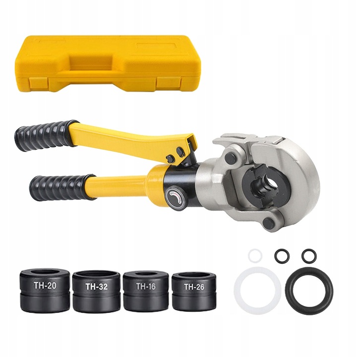 Prasa hidraulica pentru tuburi, 16-32 mm, 6 tone, cu cap rotativ 360°, set cu 4 unelte, galben