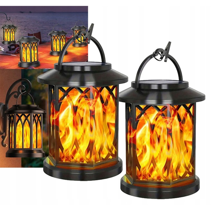 2 db függő LED napelemes lámpa lánghatással, IP65, többszínű