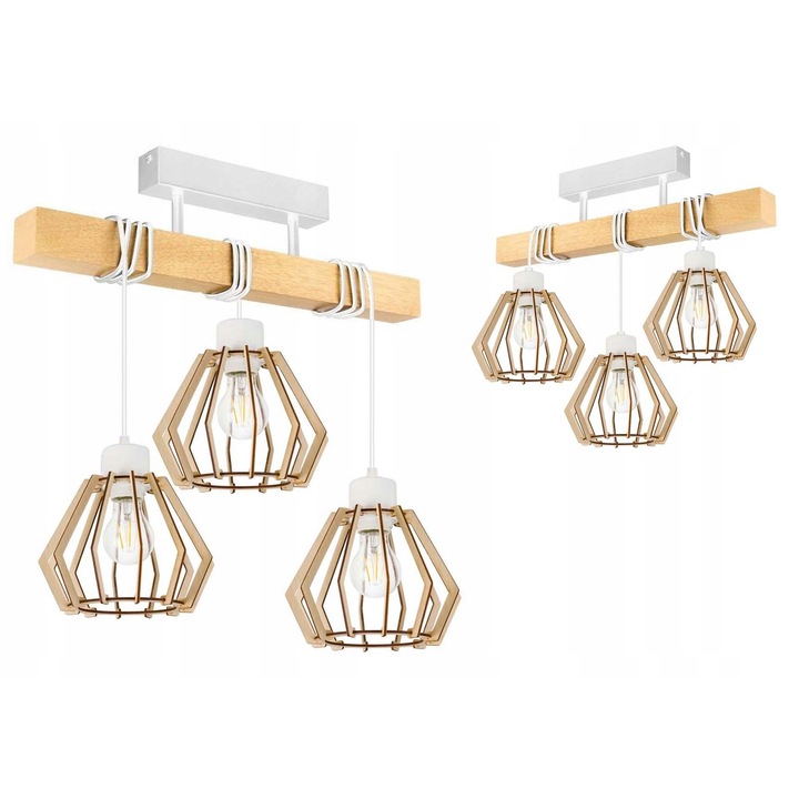 Lustru suspendat LED-ONE, 3 abajururi din lemn, inaltime ajustabila, 50x5x5cm, alb