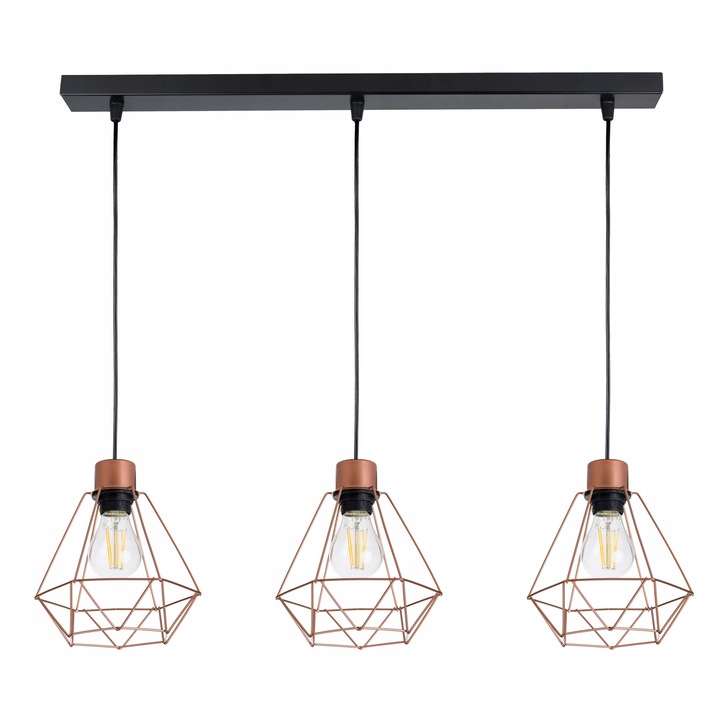 Lustra suspendata Druti, 3 surse de lumina, cu abajur din metal, culoare cupru, dimensiuni 60x5x3cm