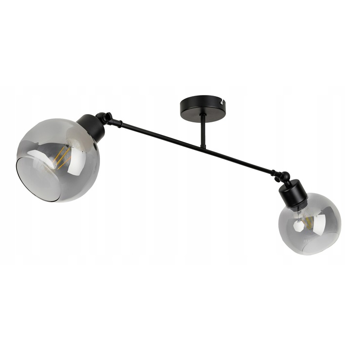 Lampa suspendata LED-ONE, model loft, 2x abajur sferic din sticla fumurie, neagra, 60x18cm