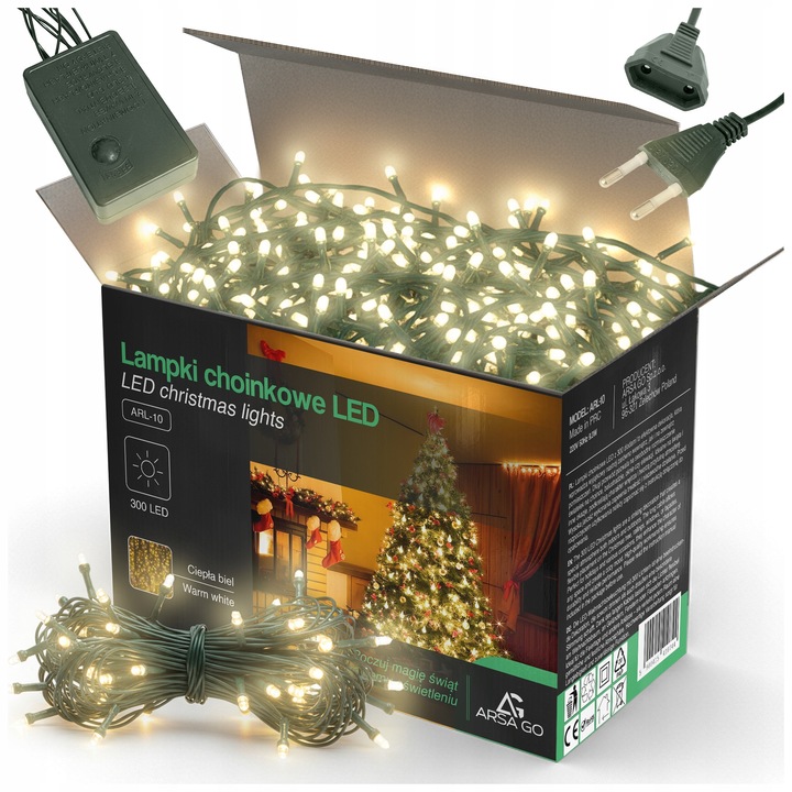 LED коледни лампички 300, ARSA GO, 22м, топло бяло, 8 режима на светене, комплект