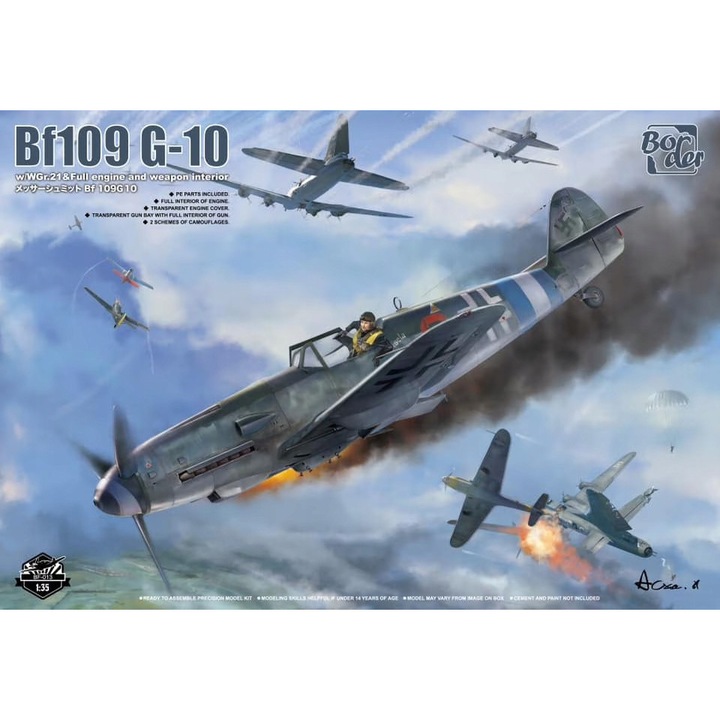 Messerschmitt Bf109 G-10 repülőgépmodell, 1/35, belső motor és fegyverzet, 2 festési séma, összeszerelési készlet