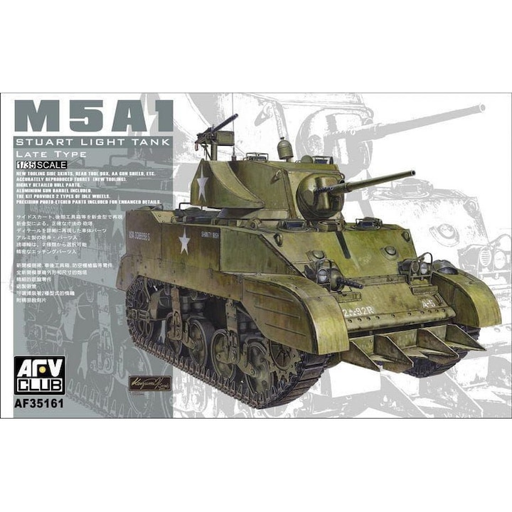 M5A1 Stuart műanyag modell, AFV Club, 1:35, komplett készlet, 37mm, többszínű