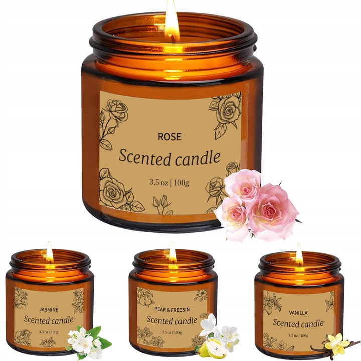 Set 4 lumanari parfumate din ceara de soia, 100g fiecare, diverse arome, recipient din sticla
